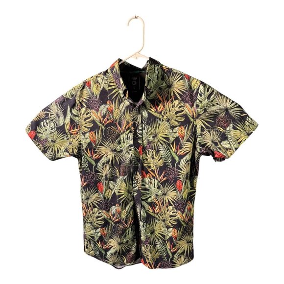 Fried Denim Shirt Mens Medium Tropical Hawaiian Button Up Slim Fit Leaf Print - Picture 1 of 8